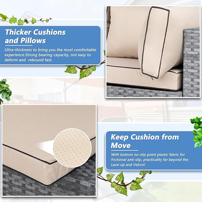 Shintenchi 5 Pieces Outdoor Patio Furniture Sets, Patio Sectional Sofa Couch, Gray PE Wicker Furniture Modular Patio Conversation Sets Patio Sofa with Washable Cushions & Table（Khaki）