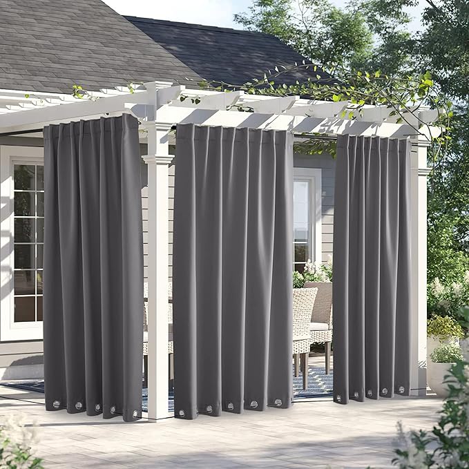 NICETOWN 2 Panels Weighted Blackout Curtains for Patio Waterproof, Top & Bottom Grommet & Back Tab Fixed Outdoor Curtains Windproof Drapes Thermal Insulated for Porch, W66 x L84, Grey