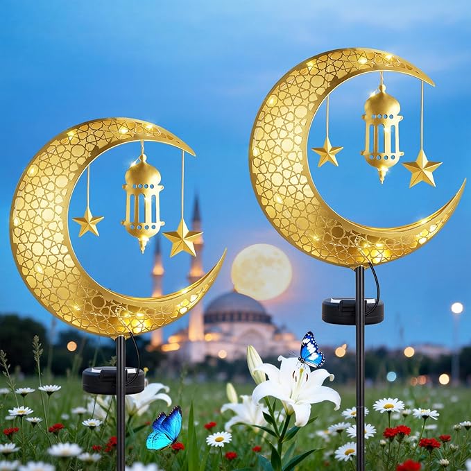 Lewondr 2Pcs Ramadan Solar Lights, Ramadan Decorations Outdoor, Metal Yard Signs LED Eid Decorations Mubarak Star Moon Lantern, Waterproof Solar Garden Stakes Lights for Walkway Lawn Patio