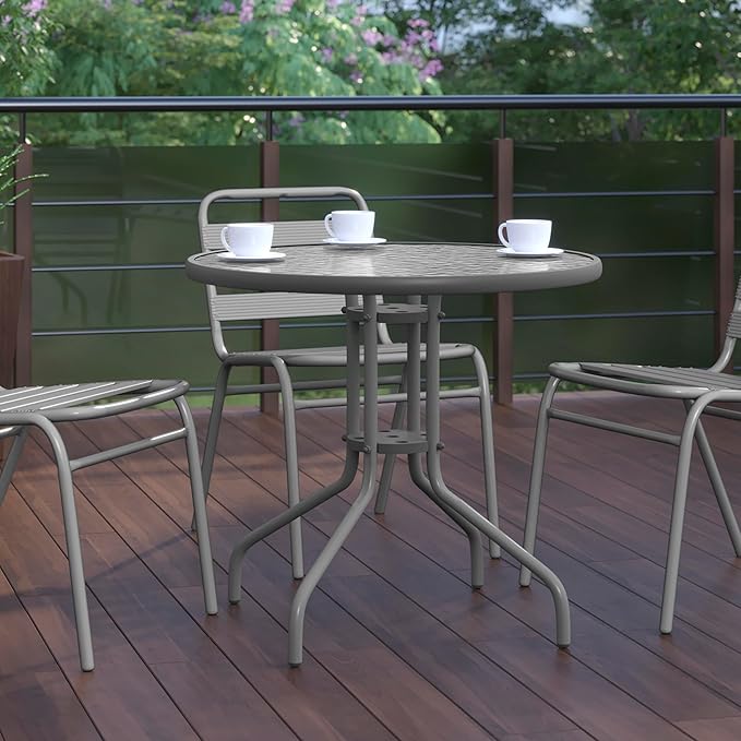 Flash Furniture Bellamy 31.5'' Round Indoor/Outdoor Tempered Glass Metal Frame Side Table, Silver