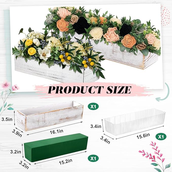 Dandat 1 Set Wood Boxes for Centerpieces 16x4 Inch Rectangle Wooden Planter Box Rustic Wooden Planters with Removable Plastic Liner Floral Foam Blocks for Christmas Wedding Home Garden Decor(White)