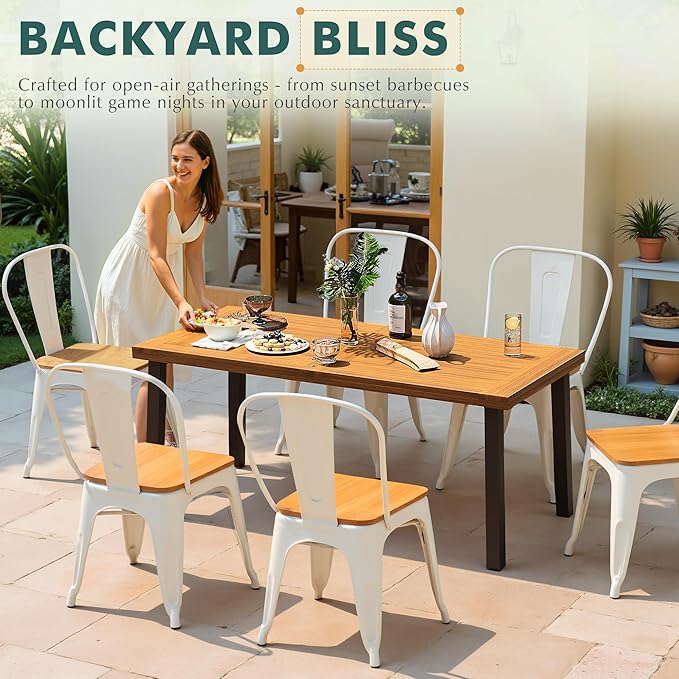 Flamaker Dining Table for 6 Acacia Wood Indoor Outdoor Home Kitchen Table with Iron Legs Large Rectangular Patio Table for Deck, Sunroom