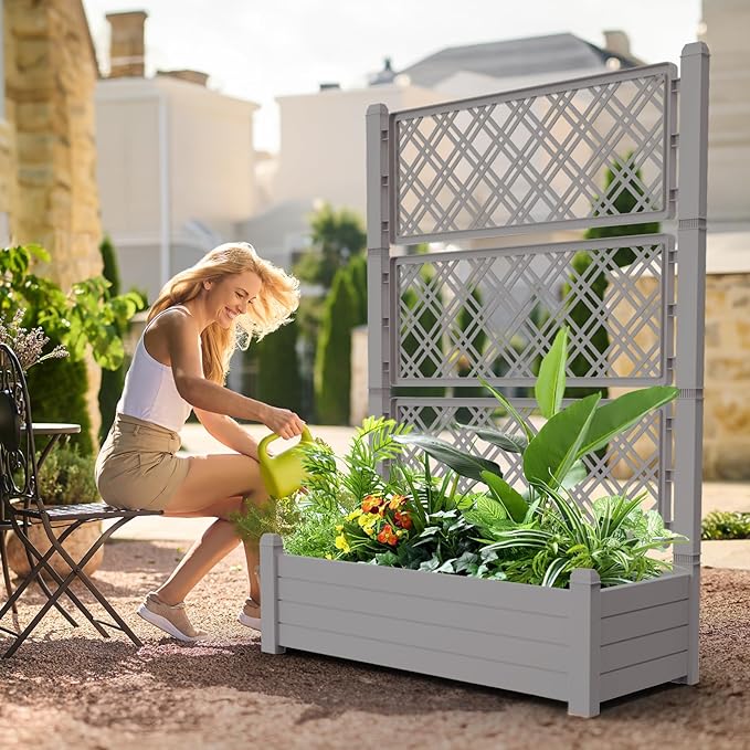 EasyUp Raised Garden Bed with Trellis for Climbing Plants, Raised Herb Garden Bed with Drainage Plug & Water Level Gauge, Durable Dust-Proof Resin Planter for Patio, Balcony, Backyard