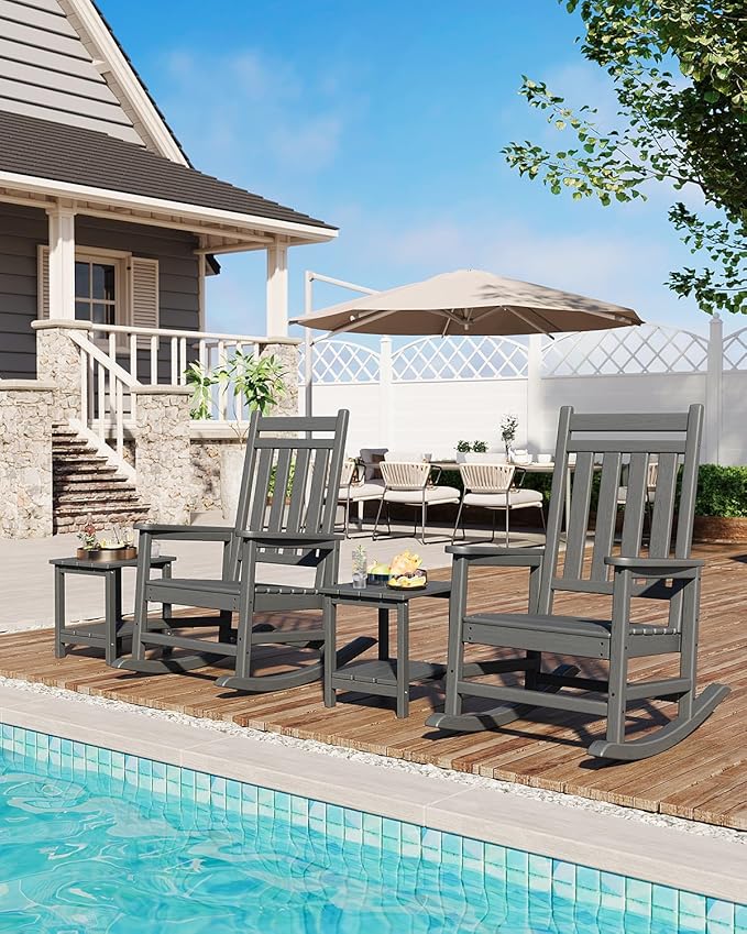 GarveeLife Poly Lumber Rocking Chair Outdoor Set of 2- HDPE High Back Porch Rocker Chairs for Adults - All Weather Resistant Furniture for Patio - Gray