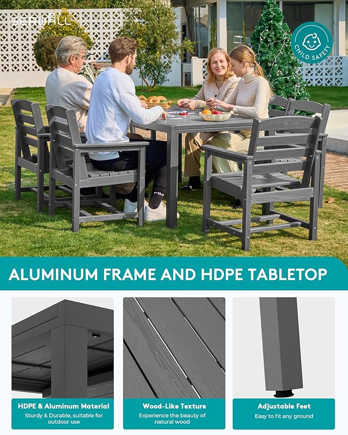 SERWALL 7-Piece Patio Dining Sets, 60" - 83" Expandable Outdoor Dining Table and 6 HDPE Chairs, All Weather HDPE Outdoor Furniture Set for Backyard, Garden, Grey