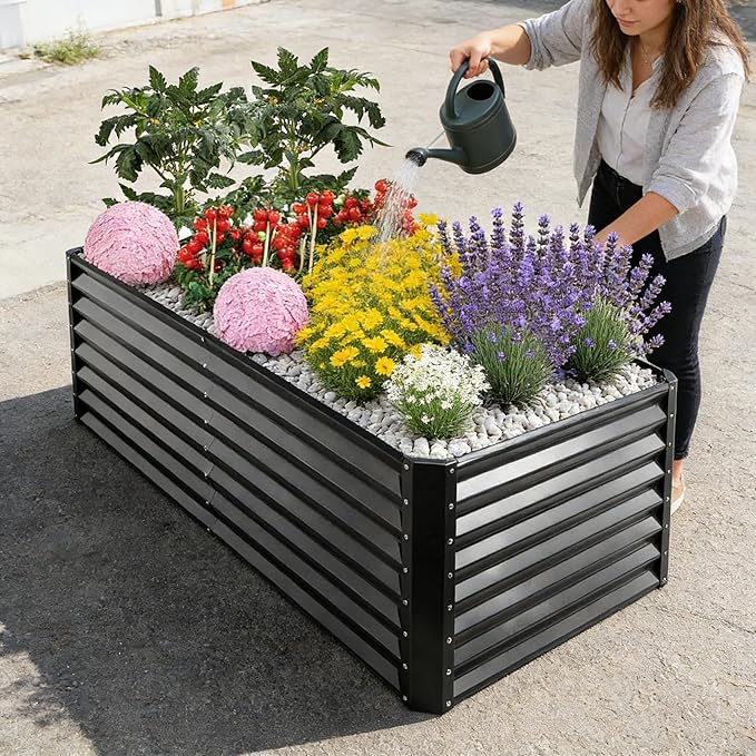 GARDMAX 6x3x1FT Raised Garden Bed Kit, Metal Planter Boxes Outdoor with Easy Assembly, Large Garden Bed for Vegetables, Fruits, Flower, Herbs Rectangle Dark Grey