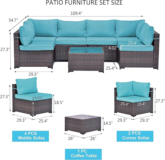 Kullavik 7 Pieces Outdoor Patio Furniture Set PE Wicker Rattan Sectional Sofa Patio Conversation Sets,Blue