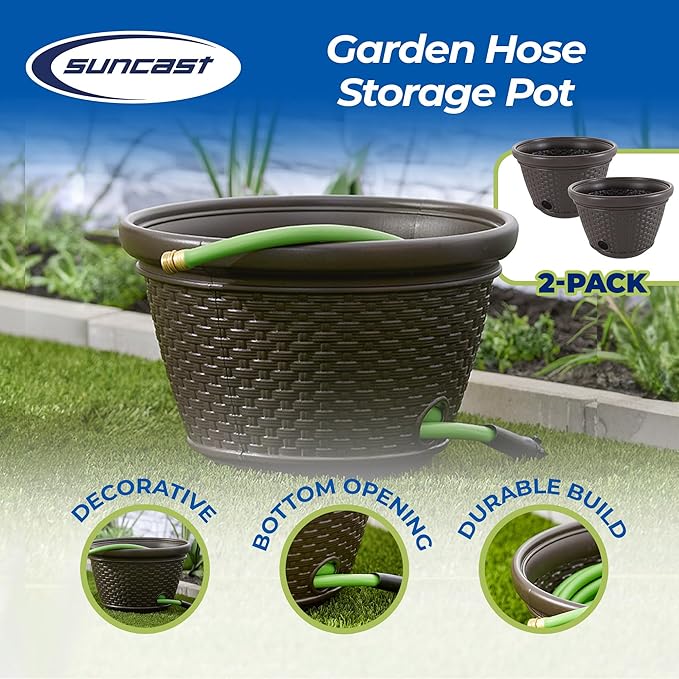 Suncast 2 Pack Decorative Wicker Garden Hose Holder Pot with 4 Drain Holes for 100 Foot Hoses, Java