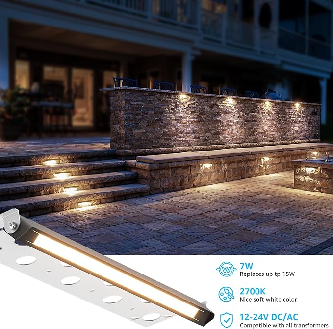 SUNVIE 12 Inch LED Hardscape Lighting 2700K Soft White Retaining Wall Lights 7W LED Landscape Lighting 12-24V Low Voltage Step Lights Outdoor with Connectors Waterproof Hardscape Paver Light, 12 Pack