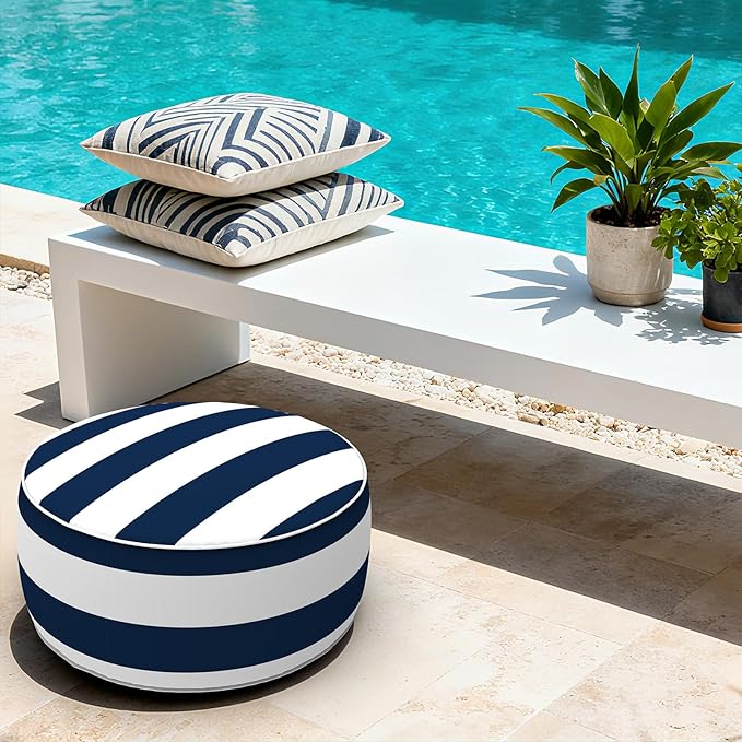 LVTXIII Indoor/Outdoor Inflatable Ottoman with Handle D21 x H9 Inch, Weather-Resistant Round Footstool Pouf for Patio Camping Living Room, Portable Footrest Extra Seating, Cabana Navy