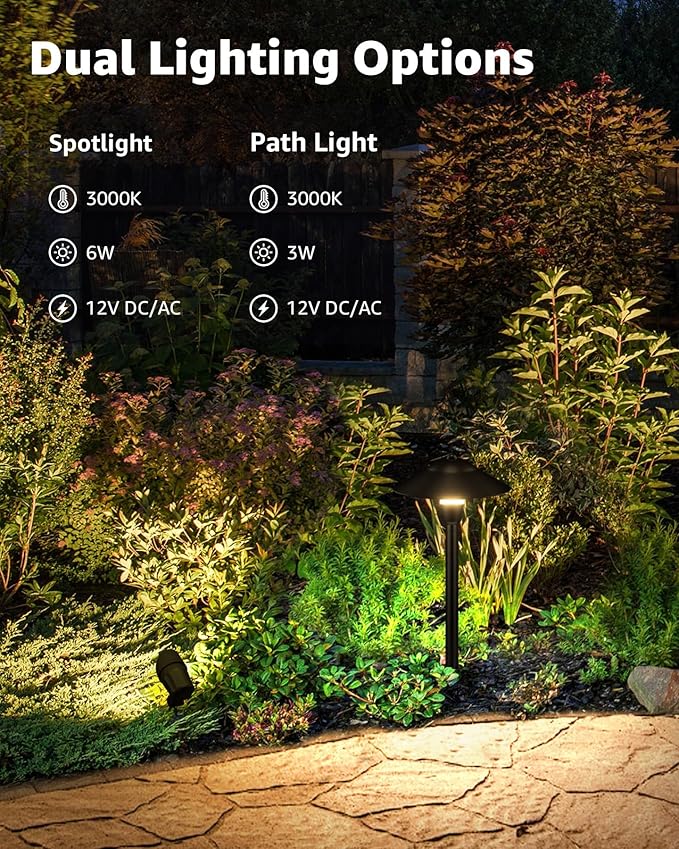 SUNVIE All-in-ONE Landscape Lighting Kit 6-Pack LED Outdoor Pathway Lights, 2-Pack Spotlights, 60W Transformer, 100FT 16/2 AWG Wire and Connectors Outdoor Landscape Lighting for Walkway Garden Yard