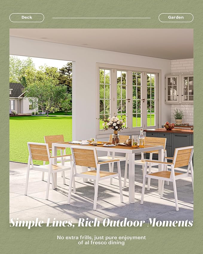 67" HDPS Outdoor Patio Dining Table, Aluminum-Edged Outdoor Dining Table with Umbrella Hole, Weather-Resistant for Lawn, Garden, Poolside and Indoor Use, White & Teak
