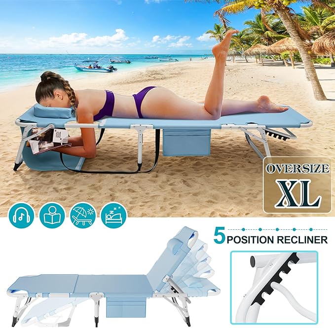 ABORON Heavy Duty Tanning Chair, Outdoor 5-Position Folding Chaise Lounge Chair with Pad, Portable Beach Lounge Chair for Outdoor Sunbathing Patio Pool Lawn Deck Poolside