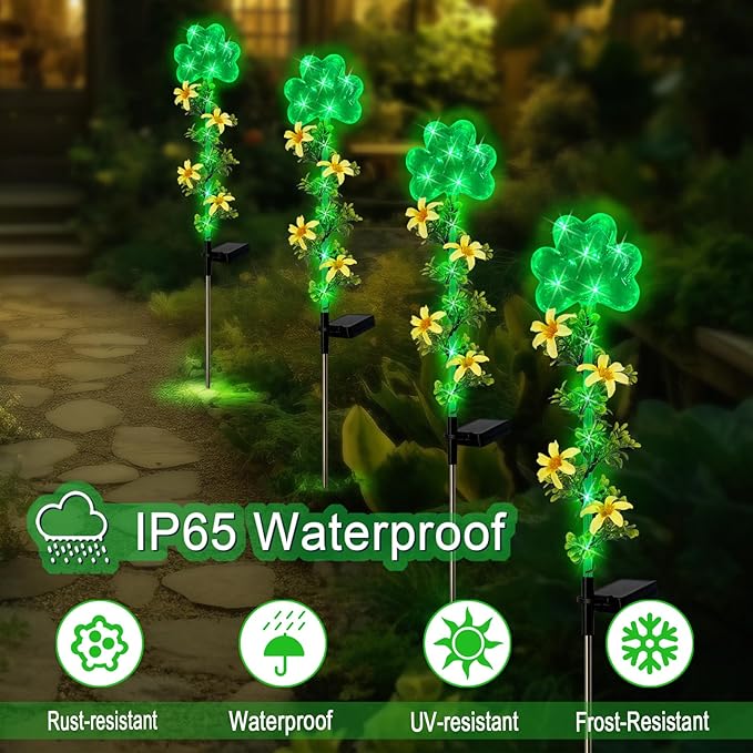 ST Patrick's Day Decorations Outdoor,2 Pack Shamrock Solar Lights Outdoor,Solar Powered Green Fairy Lights Holiday Decorations for Yard,Lawn,Garden Stkae