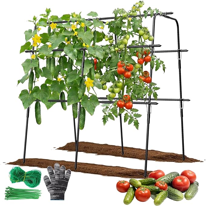 Cucumber Trellis for Raised Bed, 63 Inch A-Frame Garden Trellis for Climbing Plants, Outdoor Vine Trellis with Net, Plant Support for Tomato, Vegetables, Flower (63" L×15.8" W×63" H-Large)