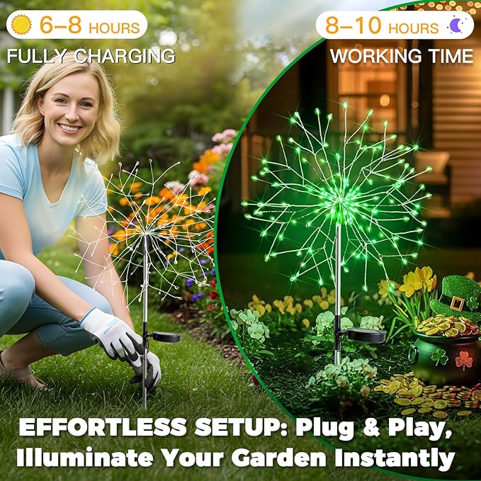 suddus St. Patrick's Day Decorations Solar Firework Lights - 150 LED Green Outdoor Garden Lights, 8 Modes DIY Sparkler Lights, Waterproof Solar Stake Lights for Yard, Pathway Flowerbed Decor (2 Pack)