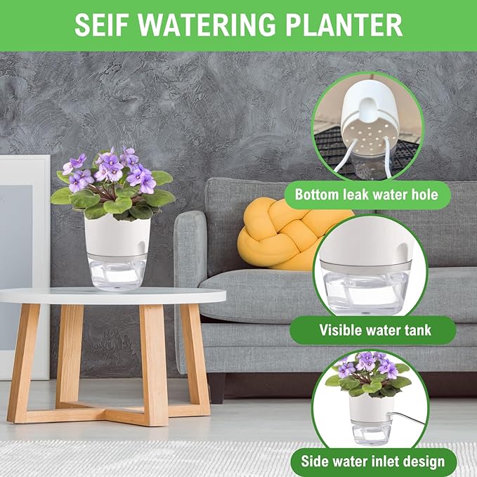 3.2 Inch Self Watering Planters Plastic Planter Pots 3 Pack Wicking Flower Pots Modern Decorative Planter for Small African Violets House Plants,Herbs,Indoor Outdoor Plant (White)