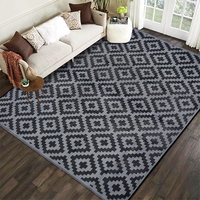 SAND MINE Waterproof Outdoor Rug 8x8 ft, Plastic Reversible Rug, Modern Area Rug, Large Floor Mat for Outdoors, RV, Patio, Backyard, Deck, Picnic, Beach, Camping (8' x 8', Black Grey Lattice)