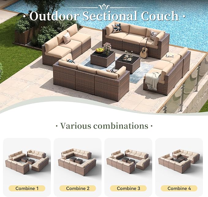 Aoxun 14 Piece Patio Furniture Set Wicker Rattan Patio Conversation Set Outdoor Sectional Sofa Set with Coffee Table and Thickened Cushions, Beige(Waterproof Cover Included)