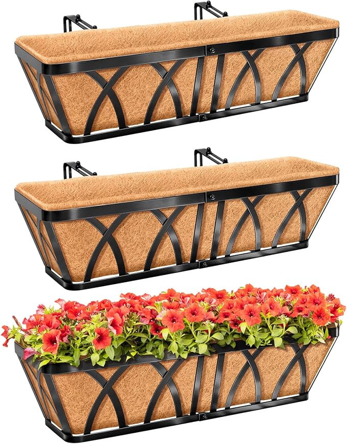 Riare 3 Pack 24 Inch Metal Railing Planter Window Box with Coco Liner- Adjustable Window Flower Boxes for Railings, Hanging Rail Planters for Deck, Balcony, Porch, Fence, Indoor Outdoor Plants