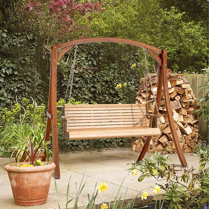 VINGLI Upgraded Patio Wooden Porch Swing for Courtyard & Garden, Heavy Duty 880 LBS Swing Chair Bench with Hanging Chains for Outdoors (Natural, 5 FT)