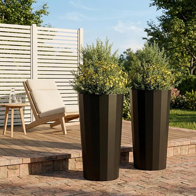 23.6" H Tall Planters for Outdoor Plants, 2 Pack Large Outdoor Planters for Porch Decor with Automatic Drainage Hole, Plastic Stripe Design Flower Pots Fits Indoor Plants Patio Garden, Black