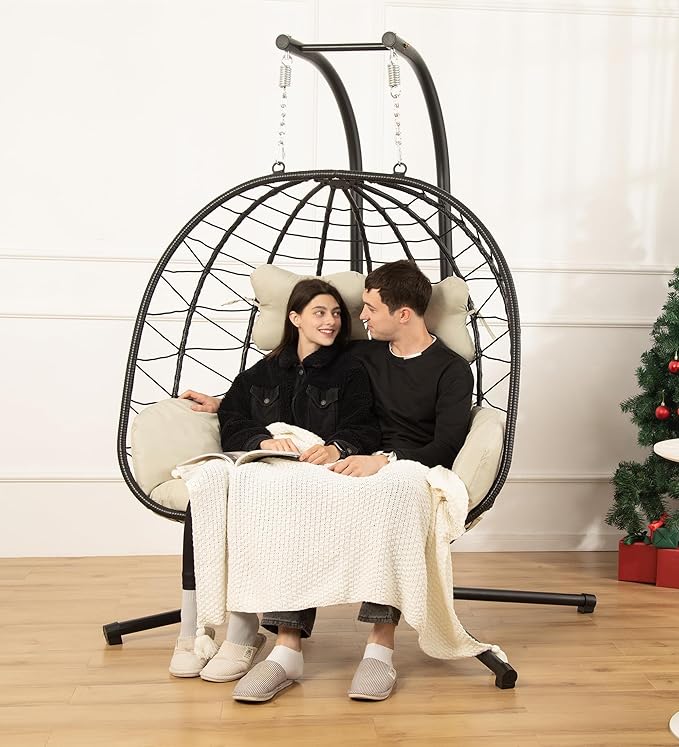 Double Egg Chair with Stand Hammock Swing Chair Foldable Hanging Loveseat, UV Resistant Removable Cushions, 700LBS Capacity for Bedroom, Balcony, Garden(BK-BE)