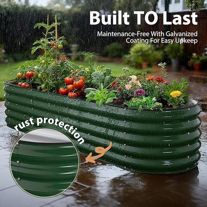8x2x1.5 ft Galvanized Steel Raised Garden Bed, Raised Garden Bed Kit, Galvanized Planter Box Outdoor, 18" Tall Oval Large Metal Raised Bed for Gardening Vegetables Flower Herb (Moss Green)