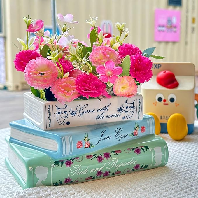 Small Book-Shaped Decorative Planter - Ceramic Vase for Flowers - Cute Bookshelf Home Bedroom Office Decor - Unique Classic Titles Bookstack Housewarming Gifts for Book Lovers