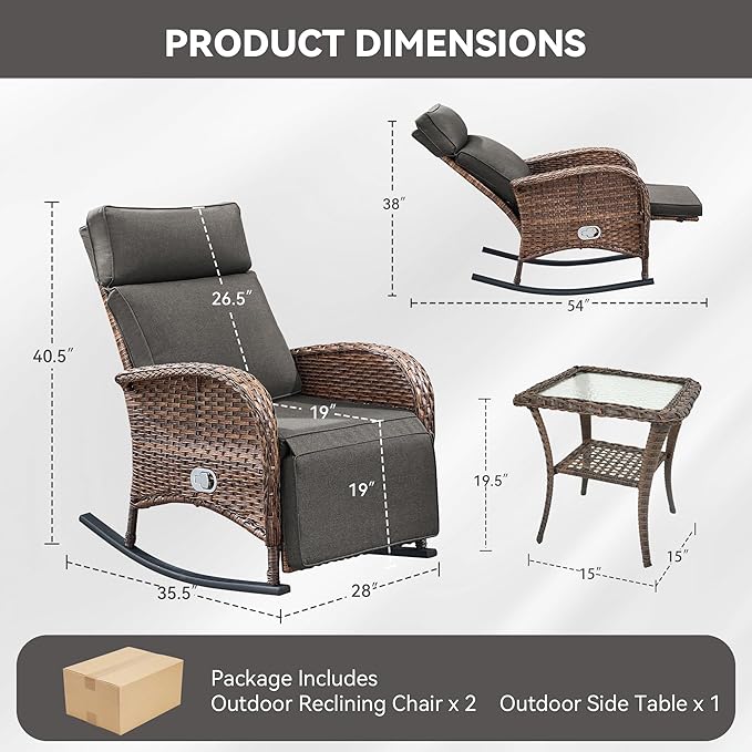 3 Pieces Zero Gravity Wicker Patio Rocking Recliner Chairs Set of 2 - Wicker Outdoor Lounge Chair with Side Table, Adjustable Backrest & Footrest, High Back Outdoor Recliner Chair for Pool Deck Gray