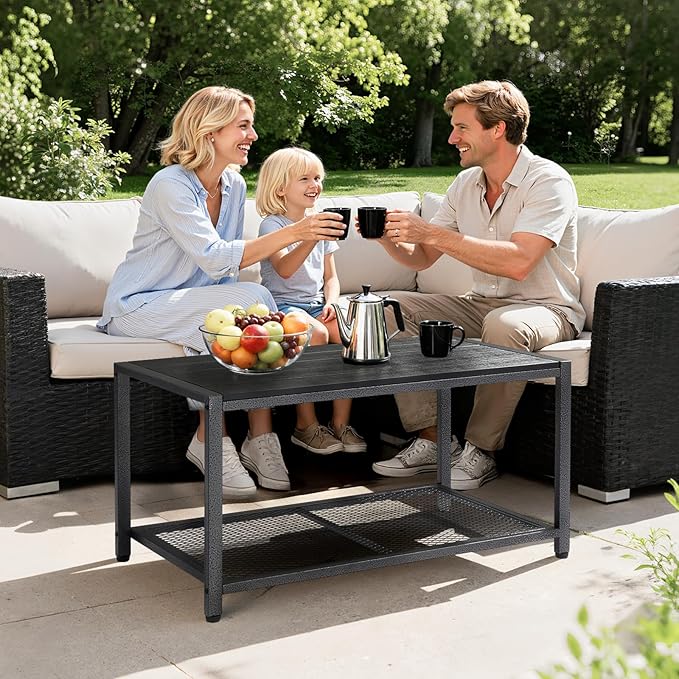 VINGLI Outdoor Coffee Table with Double-Layer Storage, Rectangle Weather-Resistant Patio Coffee Table for Garden, Balcony, Hot Tub, Poolside, Heavy-Duty Metal Frame, Black Modern Design