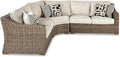 Signature Design by Ashley Beachcroft Costal Nuvella Weather Resistant Fabric 3-Piece Outdoor Seating Set with Zippered Removable Cushions and 6 Accent Pillows, Light Brown & Beige