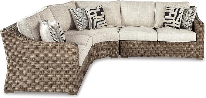 Signature Design by Ashley Beachcroft Costal Nuvella Weather Resistant Fabric 3-Piece Outdoor Seating Set with Zippered Removable Cushions and 6 Accent Pillows, Light Brown & Beige