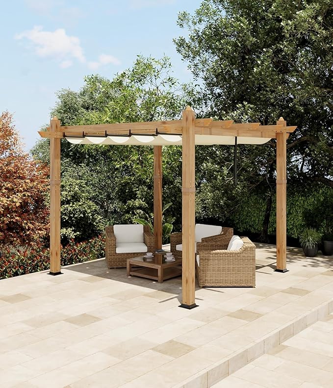 10 x 10 ft Aluminum Pergola with Adjustable Canopy, Outdoor Metal Pergola, Imitation Wood-Grain Sun Shade Shelter for Garden Patio Backyard Deck