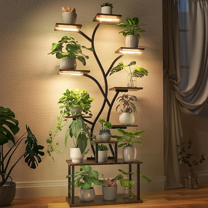 Bstrip 63 Inch Plant Stand with Grow Light, 10-Tier Plant Shelf for Indoor Plants, Decor Tree Shaped Flower Stand for Home, Corner & Patio