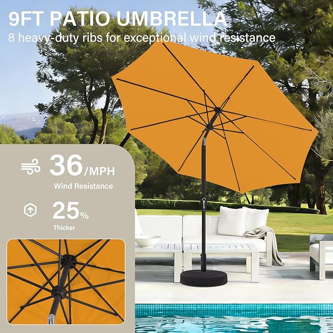 MEWAY 9ft Patio Umbrella Outdoor Table Umbrellas with Push Tilt and Crank, Market Umbrella 8 Sturdy Ribs for Deck, Garden, Pool and Backyard, Bright Orange