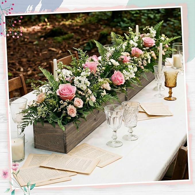 Dandat 1 Set Wood Boxes for Centerpieces 28 x 5 Inch Rectangle Wooden Planter Box Rustic Wooden Planters with Removable Plastic Liner Floral Foam Blocks for Christmas Wedding Home Garden Decor(Brown)