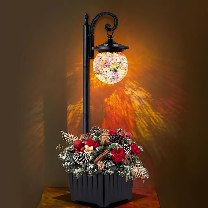 Solar Lamp Post Light with Planter, Matte Black Outdoor Flower Pots with Mosaic Glass, 2 in 1 Waterproof Solar Outdoor Lights for Porch Front Door Patio