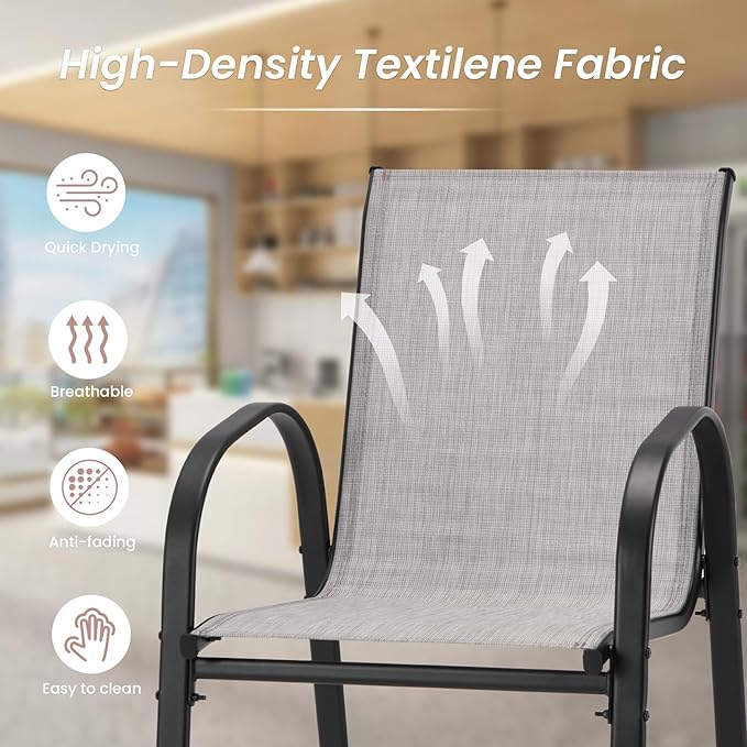 HOMREST Outdoor Bar Height Stools Set of 6,High Back Patio Chairs with Armrests,Textilene Chairs with Breathable Fabric & Metal Frame for All Weather,Light Grey