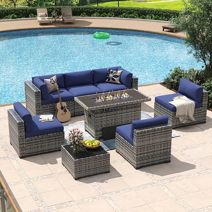 Aoxun 8 Piece Patio Furniture Set with 44'' Fire Pit Table Wicker Rattan Patio Conversation Set Outdoor Sectional Sofa Set with Coffee Table, Grey/Blue(Waterproof Cover Included)