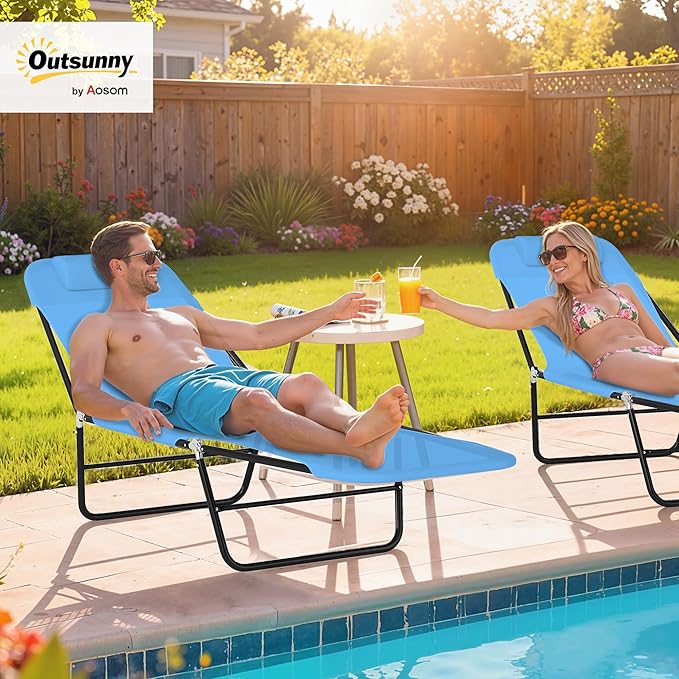 Outsunny Folding Chaise Lounge Chair, Pool Sun Tanning Chair, Outdoor Lounge Chair with Reclining Back, Breathable Mesh Seat, Headrest for Beach, Yard, Patio, Blue
