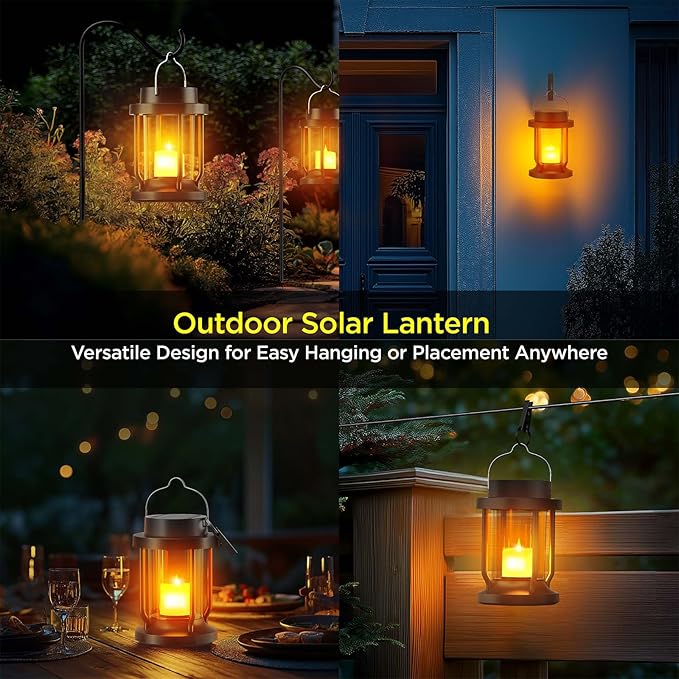 Solar Lantern Outdoor & Indoor Use – Hanging Solar Lights with Realistic Flickering Flameless Candle, Weatherproof for Gardens, Patios, Trees, and Lawns (Black, 1 Pack)