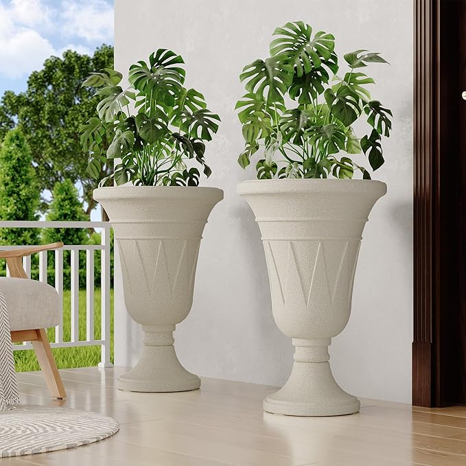 23" Tall Planters for Outdoor Plants Set of 2, Planter with Drainage Holes and Trophy Design, Large Outdoor Planters for Porch, Garden, Beige