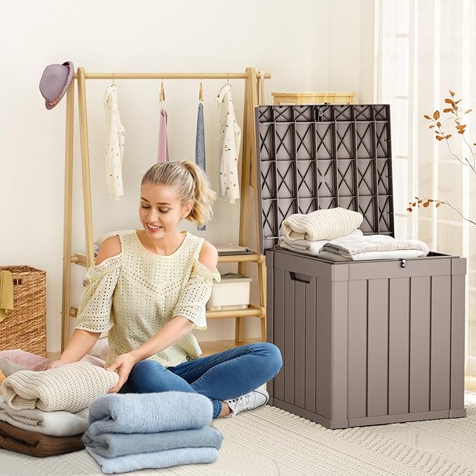 ROJIK Outdoor Storage Housing Deck Box - Waterproof Patio Furniture, Garden Tools, Cushions, Pool Accessories Storage Bench with Lockable Lid and Side Handles (Grey, 50 Gal)
