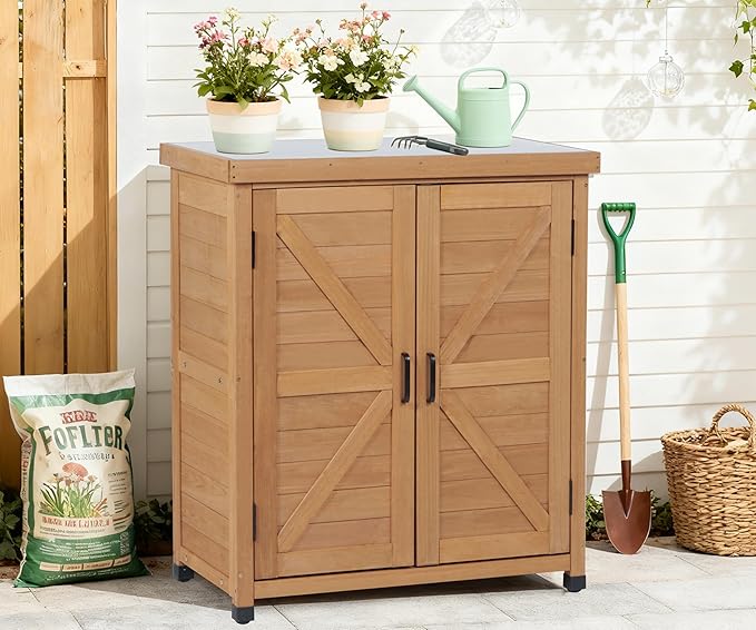 Outdoor Potting Bench with Storage Cabinet and Metal Top, Wood Workstation for Outdoor Patio, Garden (Light Brown, 31x17x36‘’)