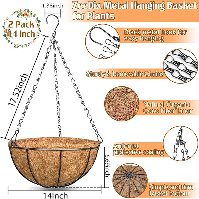 ZeeDix 2 Pack 14 Inch Metal Hanging Baskets for Plants Outdoor, Wire Round Planters with Coco Coir Liner, Hanging Flower Baskets for Home Garden Porch Balcony Railings Decor