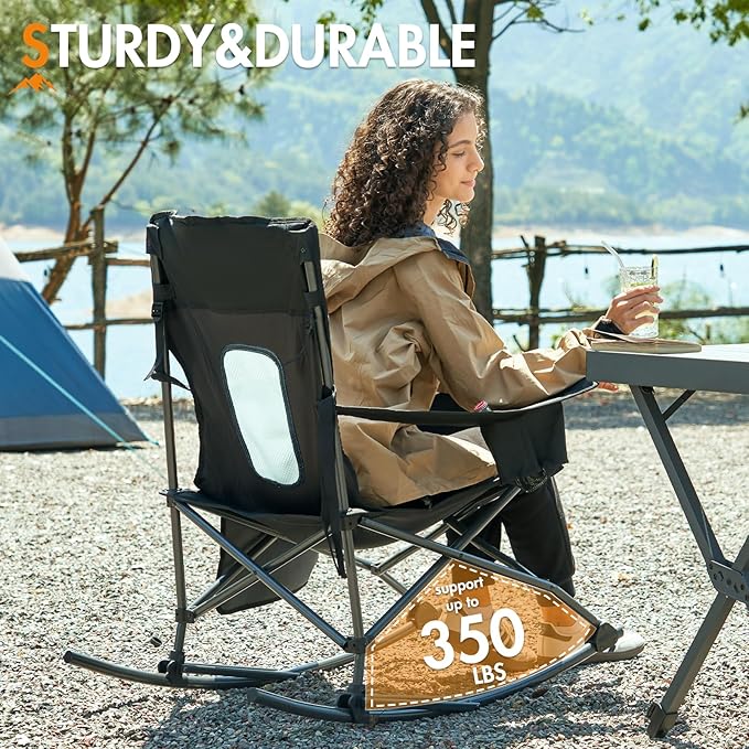 Portal Outdoor Rocking Chair Camping Folding Portable Rocker with Cup Holder Side Pocket Carry Bag, Support 350LBS (Mesh Black)
