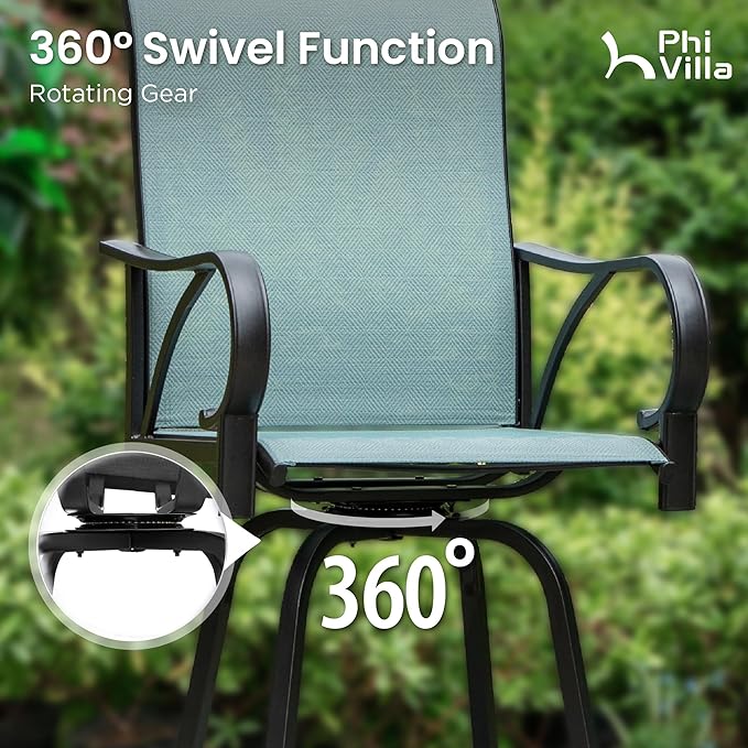 PHI VILLA Outdoor Bar Stools Set of 2, Swivel Patio Bar Stools & Chairs with Armrest, All-Weather High Top Outdoor Bar Chairs for Outside, Porch and Deck
