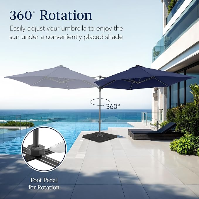 Best Choice Products 10ft Solar LED Offset Cantilever Hanging Market Patio Umbrella, Smooth 360° Rotation, 8 Sturdy Ribs, Easy Adjustment - Navy Blue