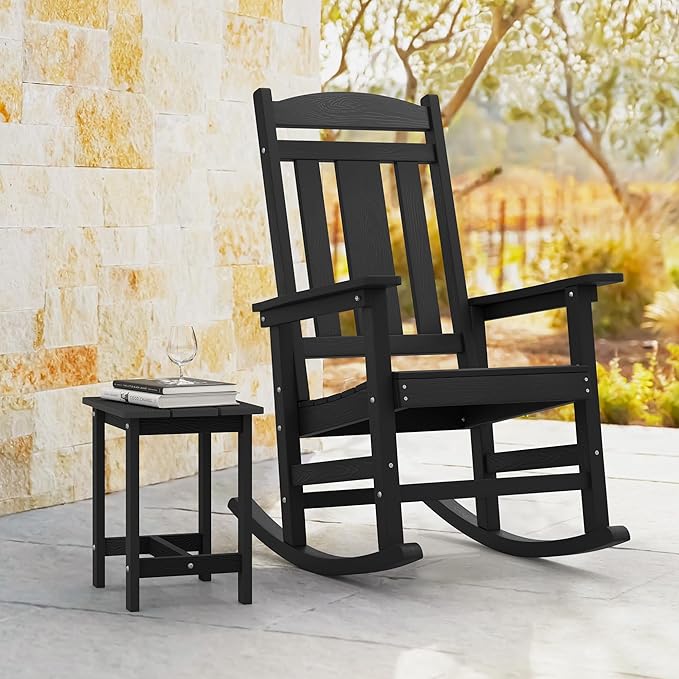 LUE BONA Outdoor Rocking Chairs Set, 3-Piece, HDPS Poly Porch Rockers with Table, Plastic Weather Resistant Rocking Chair Set for Outdoor Indoor, Garden, Backyard, 350lb, Black Chairs+Table